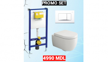 PROMO SET WC V TONDO RIMLESS cu capac soft close+Instalatie+Buton ALB matt